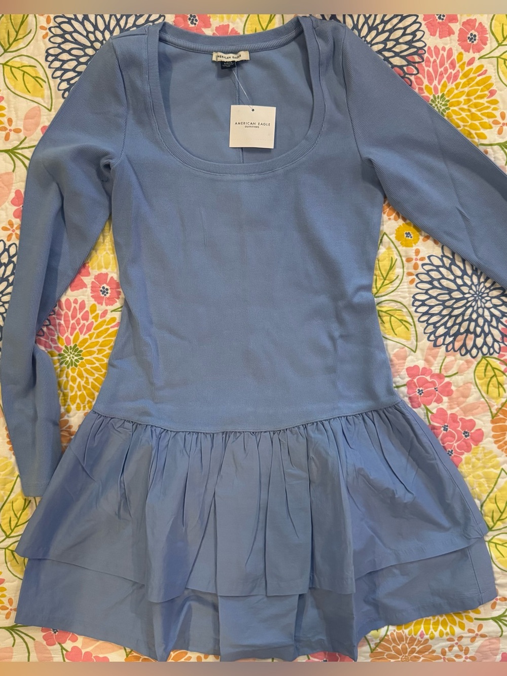 NWT small American Eagle Scoop Neck Knit Ruffle Mini Dress - Picture 1 of 4